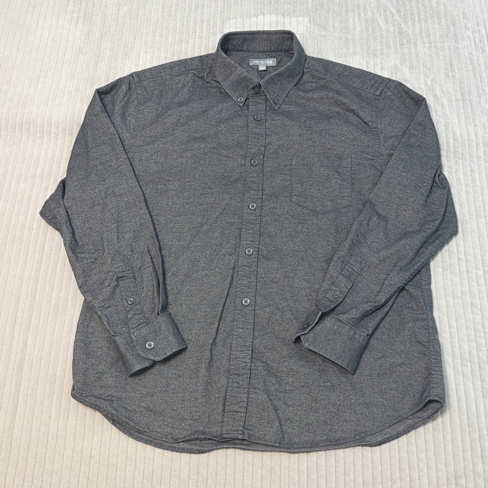 Ash & Erie Shirt Men Large Grey Slim Cotton Dress Long Sleeve Button Up